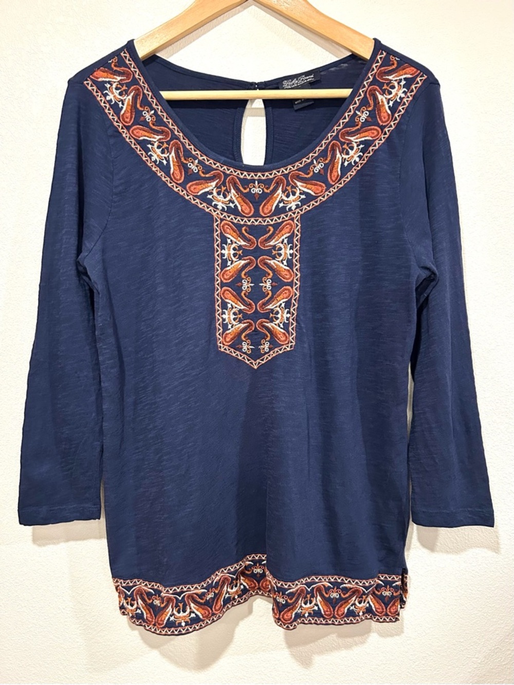 Lucky Brand Navy Blue Boho Embroidered Peasant Tunic Top Size M